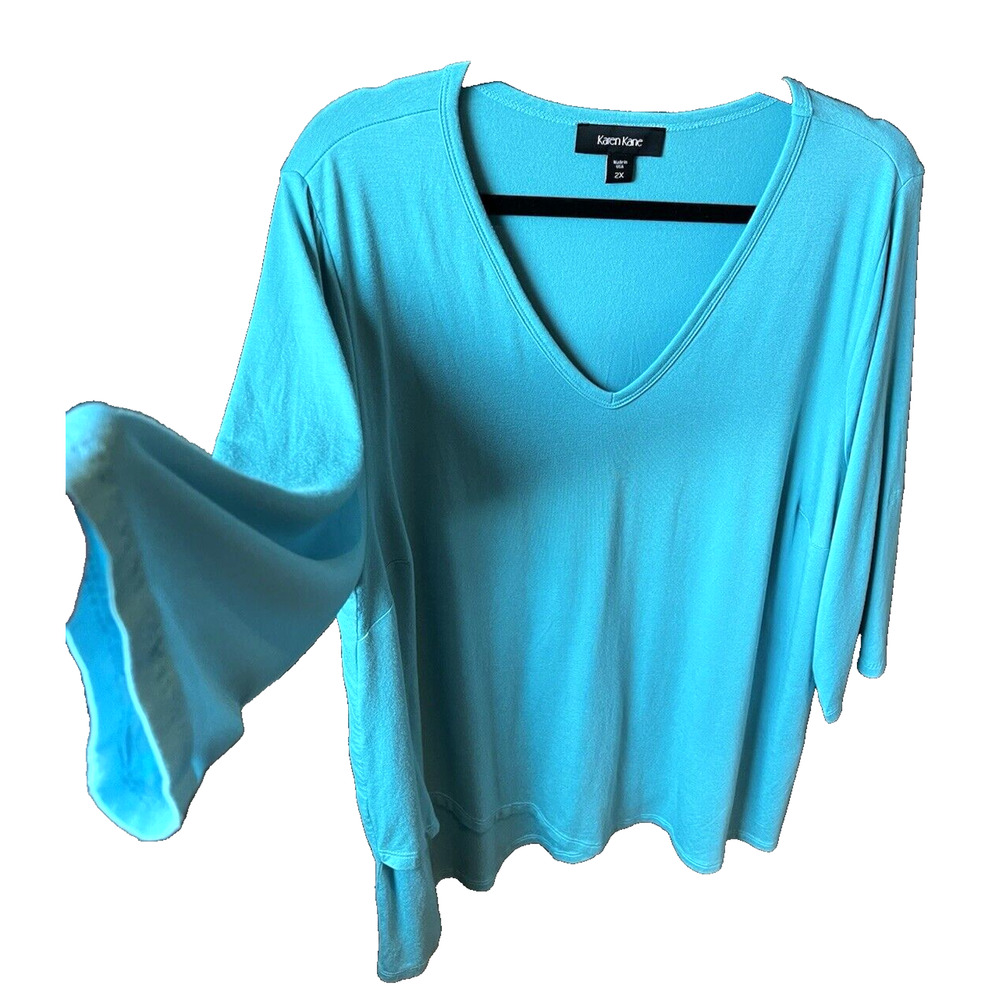 Karen Kane Knit Top 2XL Turquoise 3/4 Sleeve V-Neck Tulip Hem Tunic Stretchy USA